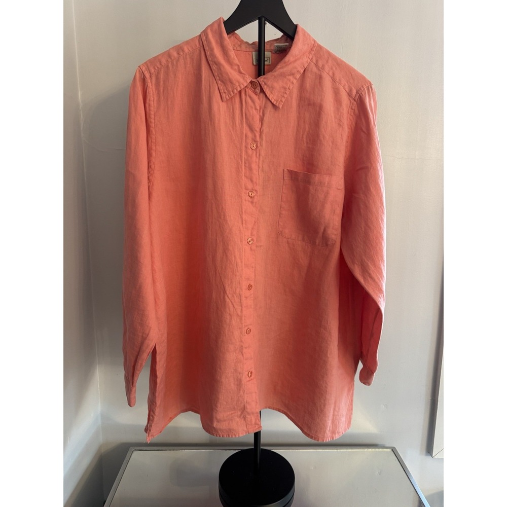 LL Bean Women's‎ Coral Pink 100% Linen Button Front Shirt Long Sleeve 2X